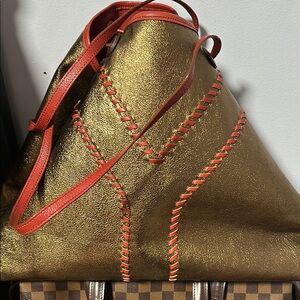 YSL Authentic Gold and Red Women's Large Shoulder Bag  Tote With Pouch